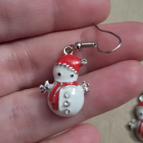 snowman enamel earrings, red hat & crystal buttons, festive Christmas earrings - Picture 2 of 2